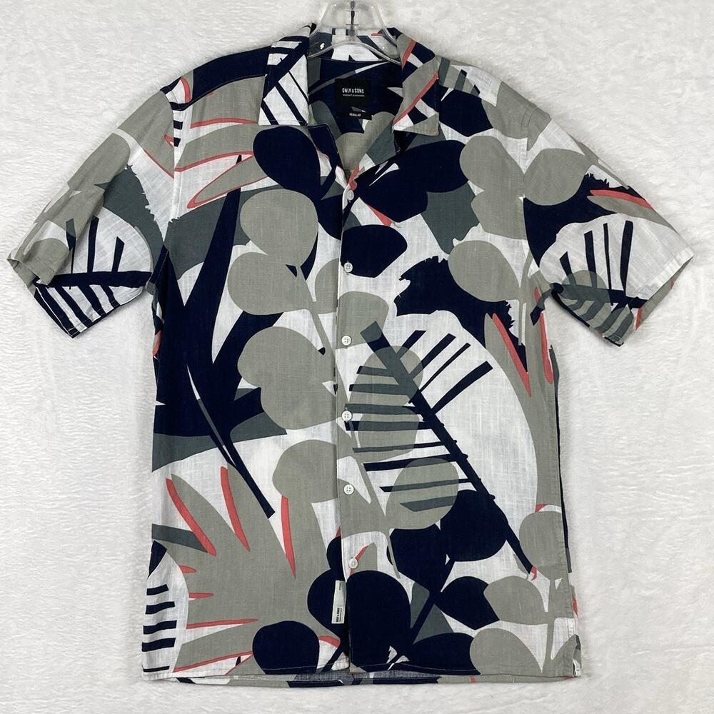 Only & Sons Hawaiian Camp Shirt Men S Colorblock Floral Linen Art Tropical Aloha